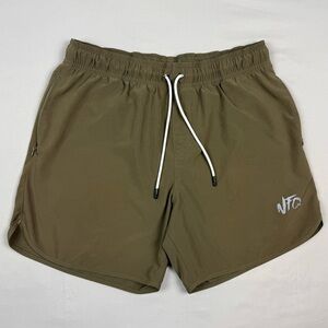 NFQ Mens Lined Gym Shorts Sz Large x 6” Olive Green Stretch Athletic A2